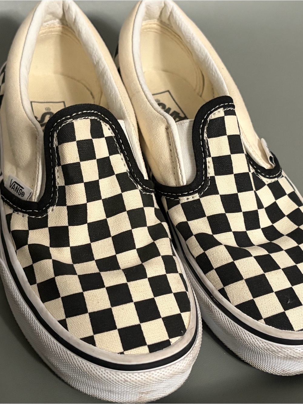 Size 2 Vans Kids Slip-On Checkerboard Sneakers in Black and Cream